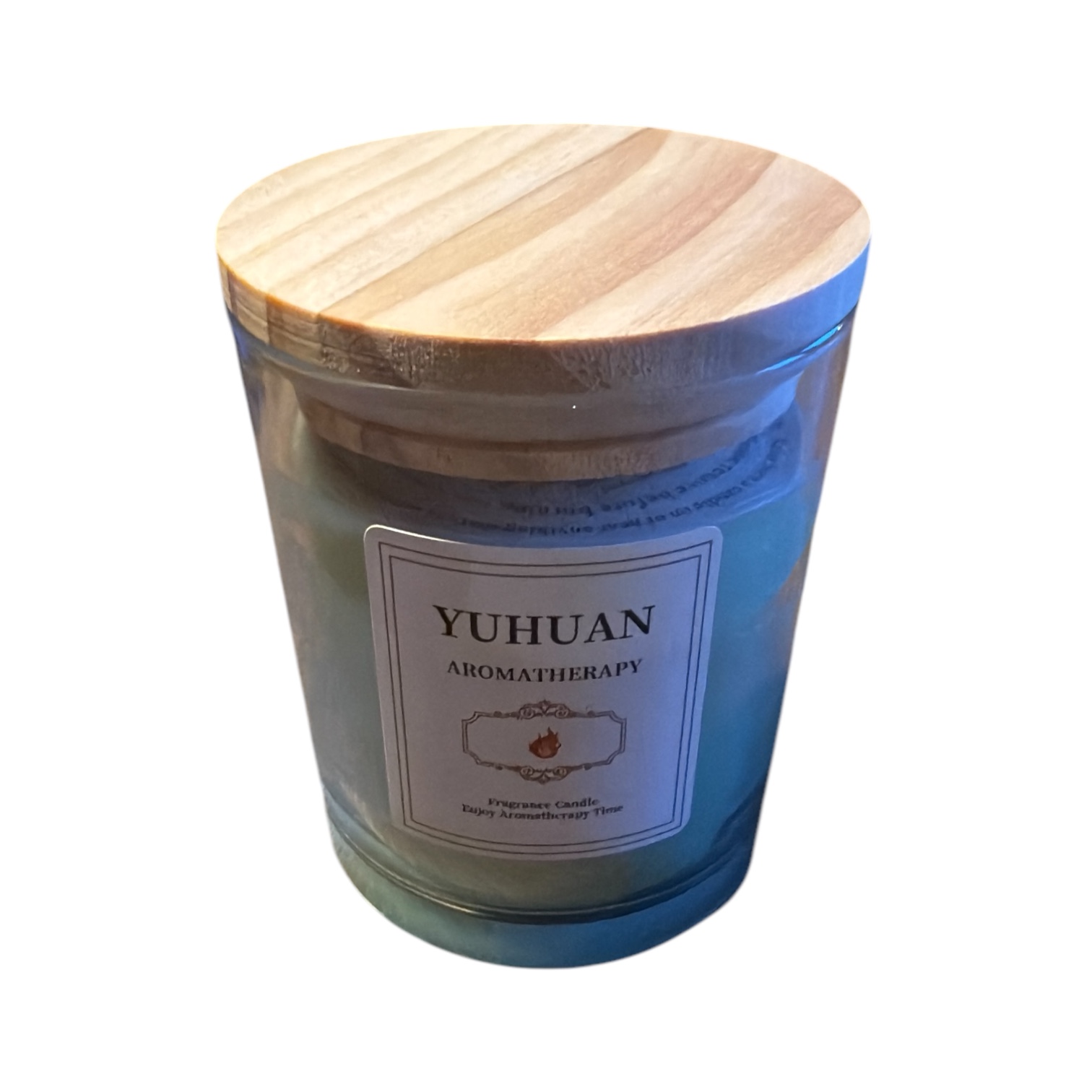 Blauwe geurkaars Yuhuan Aromatherapie met houten deksel