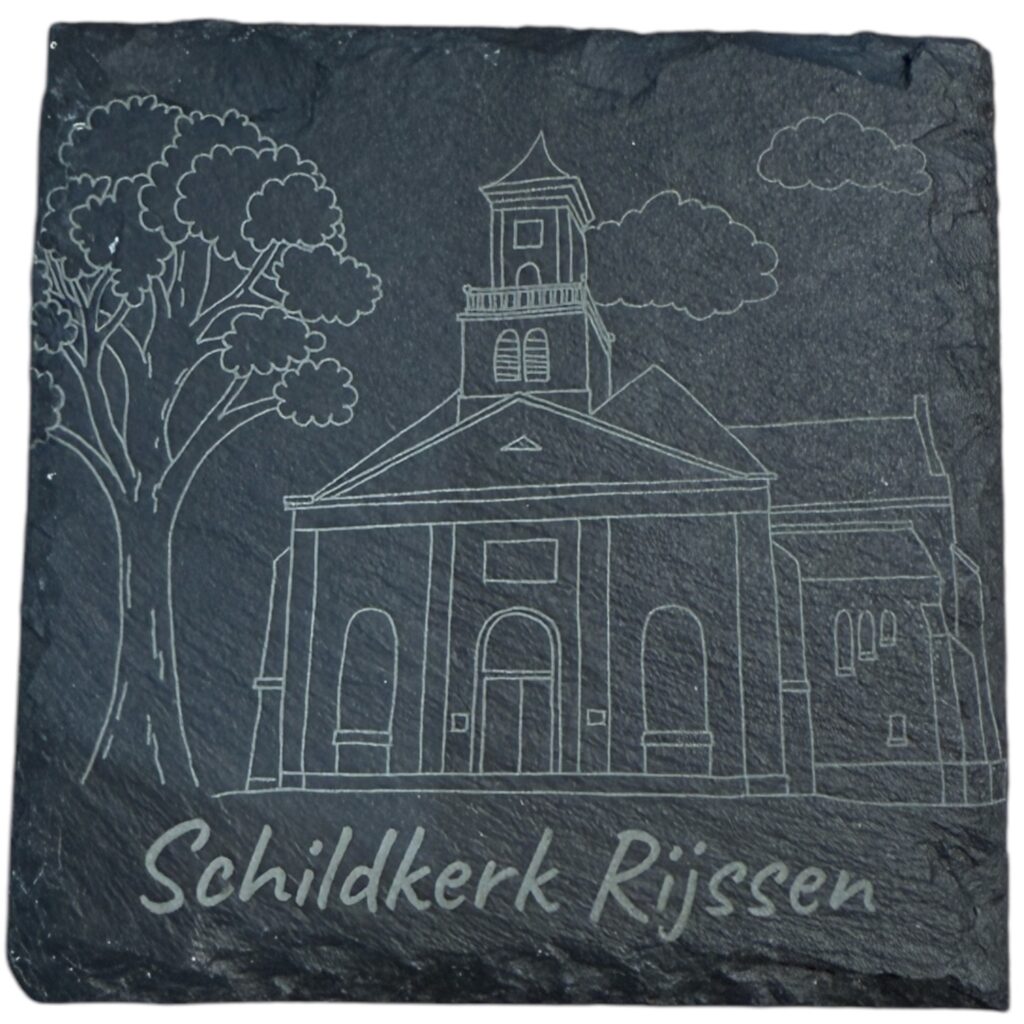 Getekende afbeelding van Schildkerk Rijssen op leisteen
