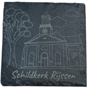 Getekende afbeelding van Schildkerk Rijssen op leisteen