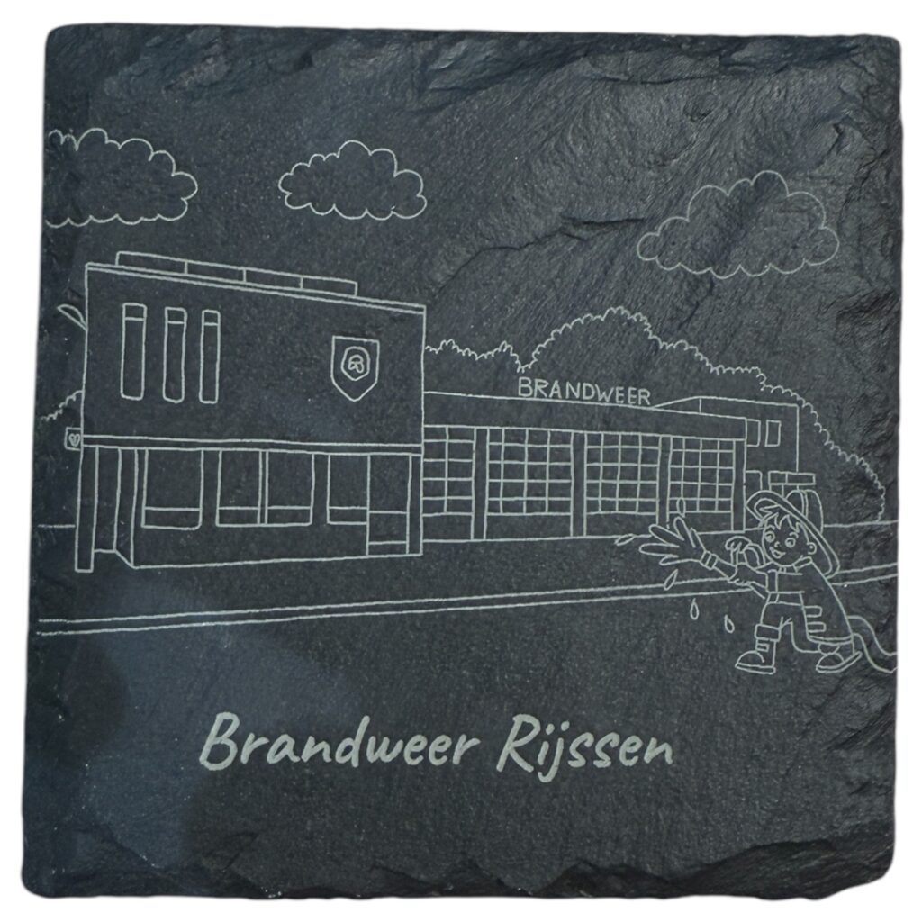 Geëtste illustratie van brandweerkazerne en brandweerman in Rijssen
