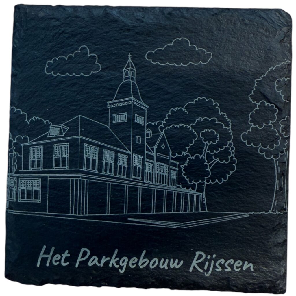 Gravure van Het Parkgebouw Rijssen op leisteen
