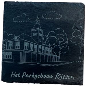 Gravure van Het Parkgebouw Rijssen op leisteen
