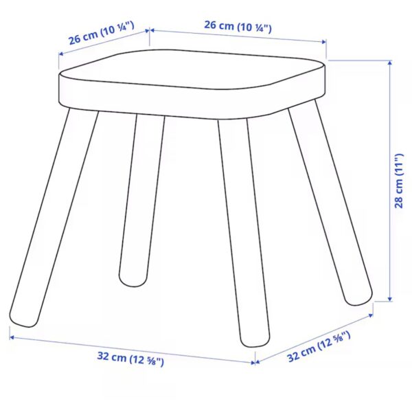 Technische tekening van een ronde kruk met afmetingen.