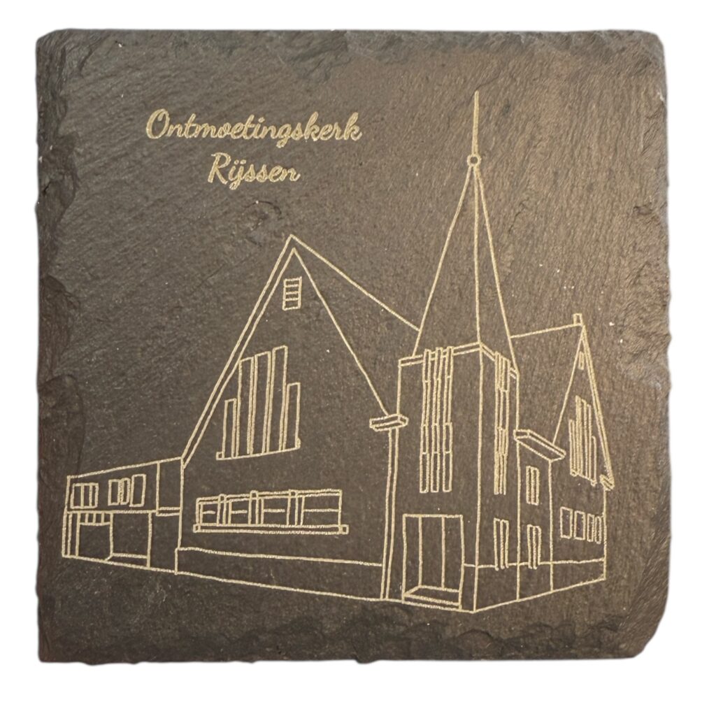 Gegraveerde illustratie van Ontmoetingskerk Rijssen op lei