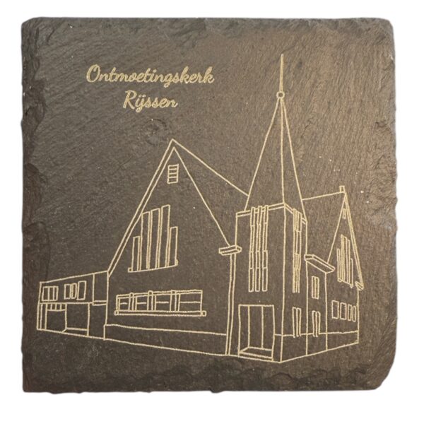 Gegraveerde illustratie van Ontmoetingskerk Rijssen op lei