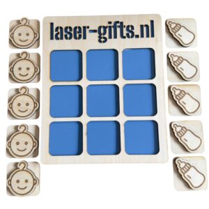 Houten speelgoedpuzzel met blauwe vakjes en baby-icoontjes