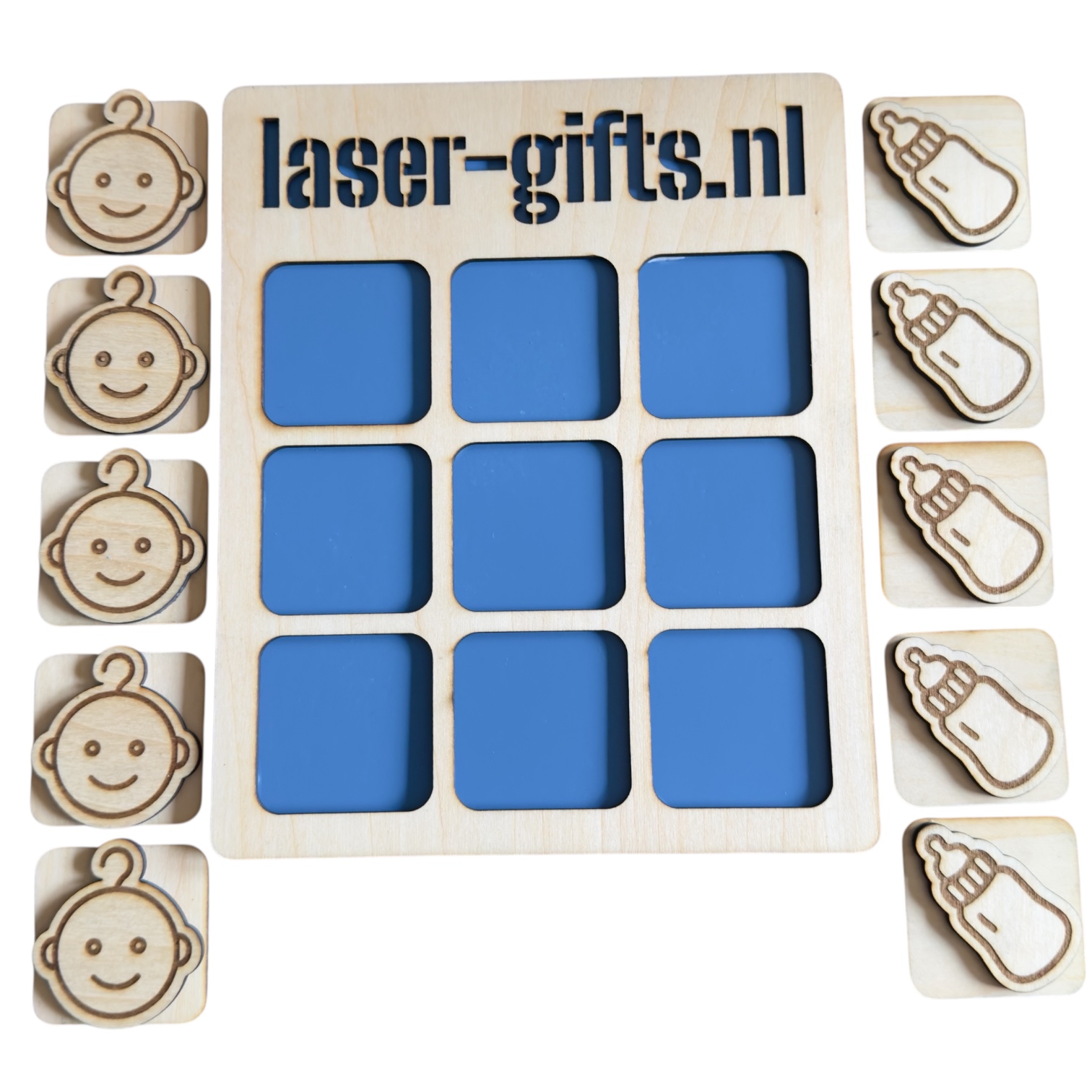 Houten speelgoedpuzzel met blauwe vakjes en baby-icoontjes