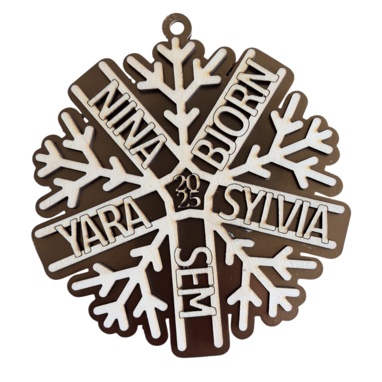 Gepersonaliseerde sneeuwvlok kersthanger met namen